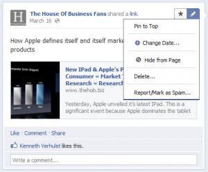 Howto pin your Facebook Fanpage update to the top of the page